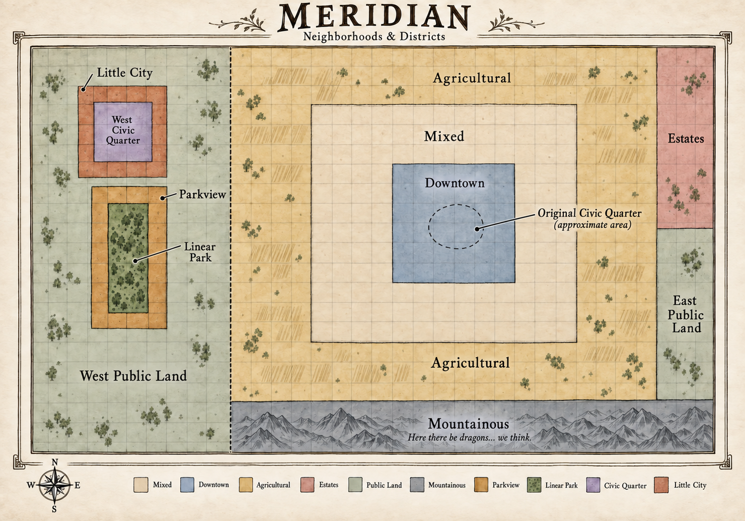 A neighborhoods-and-districts map of Meridian, showing every zoned region — Mixed, Downtown, Agricultural, Estates, Public Land, Mountainous, Parkview, the Linear Park, the West Civic Quarter, and Little City.